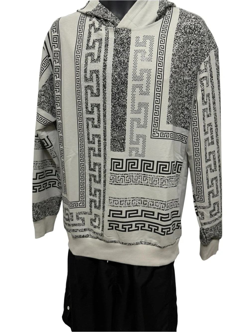 LAVERITA Graphic Pattern Hooded Sweatshirt in Black and Cream. New with tags